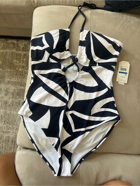 Nautica Black and White One-Piece Swimsuit with Keyhole Front
